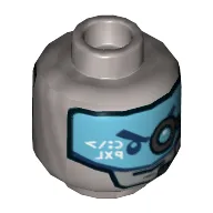 Minifig Head Zane, Silver and Blue Eyes, Gray Eyebrows / Blue Visor with Headset and Eyepiece Print