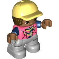Duplo Figure Child with Hair and Cap Bright Light Yellow, Light Bluish Gray Legs, Hoodie Print