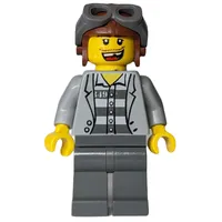 Criminal, Open Light Bluish Gray Jacket over Prison Shirt, Reddish Brown Hat with Goggles