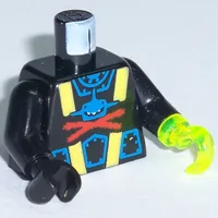 Torso Wetsuit with Blue Shark with Red X Print, Black Arms, Black Hand Right, Trans-Neon Green Hook Left