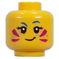 Minifig Head Izzie, Magenta Face Paint, Silver Sparkles, Blue Eyebrows, Smirk/Open Mouth Smile