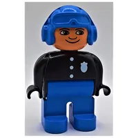 Duplo Figure, Early, Aviator Hat Blue, Blue Legs, 3 Buttons and Police Badge, Nose Pointed Down Print