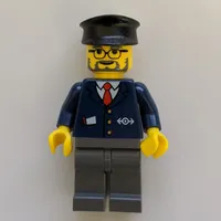 Train Worker, Blue Jacket with Train Logo, Black Hat, Beard and Glasses