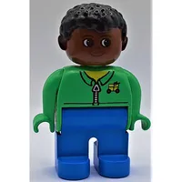 Duplo Figure, Early, Short Afro Hair Black, Blue Legs, Shirt with Zipper and Cargo Logo Print
