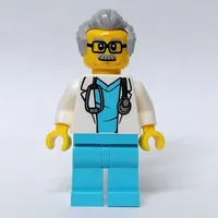 Doctor, White Coat, Medium Azure Scrubs, Light Bluish Gray Hair, Glasses