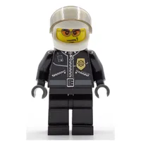 Policeman, Black Jacket with Zipper, Radio, and Badge, White Helmet and Visor, Orange Sunglasses