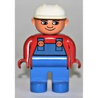 Duplo Figure, Early, Hard Hat White, Blue Legs, and Blue Overalls, Turned Down Nose Print