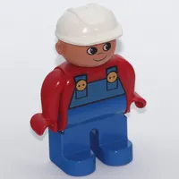 Duplo Figure, Early, Hard Hat White, Blue Legs, with Blue Overalls, Turned Up Nose Print