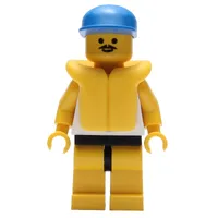 Man, White Tank Top with Windsurfer, Yellow Legs, Blue Cap, Yellow Life Vest, Moustache