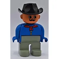Duplo Figure, Early, Cowboy Hat Black, Light Gray Legs, Red Neckerchief, Moustache Print