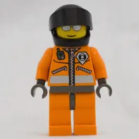 Coast Guard, Orange Jumpsuit with Zipper, Radio, and Badge, Dark Gray Helmet with Visor, Silver Sunglasses