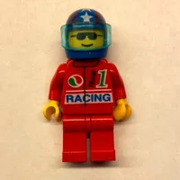 Racer, Red Jacket with Octan Logo and 'RACING', Blue Helmet with Stars and Visor, Sunglasses