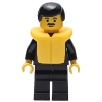 Policeman, Black Suit with Tie and Badge, Black Hair, Yellow Life Vest, Moustache