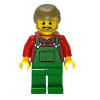 Man, Green Overalls over Red Shirt, Dark Tan Hair, Beard