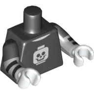Torso, Dual Molded Arms, Shirt with White Minifig Head Skull Print, Black Sleeves Pattern, Light Bluish Gray Arms with Black Stripes Print, White Hands
