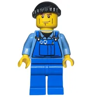 Man, Blue Overalls over Shirt, Blue Legs, Black Hat, Cheek Lines