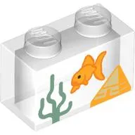 Brick 1 x 2 without Bottom Tube with Fish Tank, Goldfish, Seaweed print