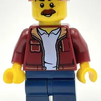 Man, Open Dark Red Jacket, Dark Blue Legs, Dark Red Cap, Moustache