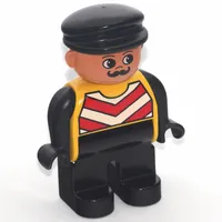 Duplo Figure, Early, with Flat Cap Black, Black Legs, Black Arms, Chevron Vest Print