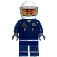 Policeman, Dark Blue Jacket with Pockets and Badge, Plain Dark Blue Legs, White Helmet with Visor, Orange Sunglasses