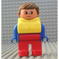 Duplo Figure, Early, with Short Parted Hair Brown, Red Legs, Yellow Life Jacket