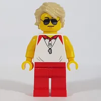 Lifeguard, White Polo Shirt with Whistle, Red Legs, Tan Hair, Sunglasses