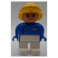 Duplo Figure, Early, Aviator Hat Yellow, White Legs, Buttons, Airplane, Turned Up Nose Print