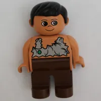 Duplo Figure, Early, with Short Parted Hair Black, Brown Legs, Rag Shirt with Green Spot Print (Caveman)