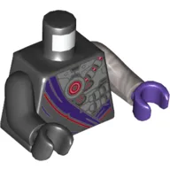 Torso, Odd Arms and Hands, Robe with Dark Purple Trim, over Robot Panels Print, Left Flat Silver Arm and Dark Purple Hand, Right Black Arm and Hand