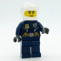 Policewoman, Dark Blue Jacket with Radio, Badge, and Belt with Pouches, White Helmet with Trans-Clear Visor