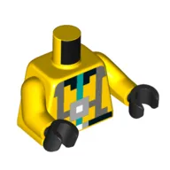 Torso, Pixellated Dark Turquoise, Light Bluish Grey, Black, and Dark Bluish Grey Harness print, Yellow Arms, Black Hands