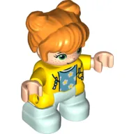 Duplo Figure Child with Two Buns on Top and Long Bangs Orange, with Light Aqua Legs, Hoodie over Azure Shirt with Stars Print