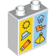 Duplo Brick 1 x 2 x 2 with Bottom Tube, Sun, Hat, and Sunscreen on Yellow Background, and Rain Cloud, Rain Boots, Raincoat on Blue Background Print