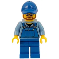 Man, Blue Overalls over Shirt, Blue Legs, Blue Cap, Beard and Glasses