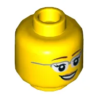 Minifig Head, Glasses with Silver Frames, Brown Eyebrows, Eyelashes, Pink Lips, Open Mouth Smile Print