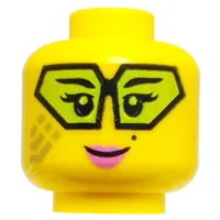 Minifig Head Dr. LaRow, Gold Circuitry, Lime Hexagonal Glasses, Pink Lips, Smile/Snarl