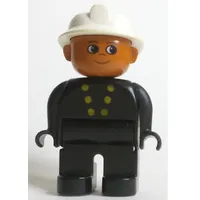 Duplo Figure, Early, Fire Helmet White, Black Legs, Gold Buttons Print