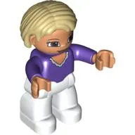 Duplo Figure Bob / Pageboy Hair Tan, with White Legs, Dark Purple Top, Brown Eyes