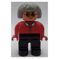 Duplo Figure, Early, Hair Bob Light Gray, Black Legs, White Collar and Buttons, Glasses Print