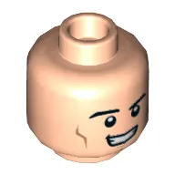 Minifig Head Superman / Hyperion, Cheek Lines, Chin Dimple, Open Mouth Smirk / Bared Teeth with Red Eyes Print