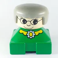Duplo 2 x 2 x 2 Figure Brick, Rounded Bangs, White Head, Light Gray Hair, Yellow Collar and Flower Print