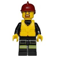 Fireman, Orange Safety Vest with Radio, Dark Red Helmet, Yellow Life Vest, Goatee Beard