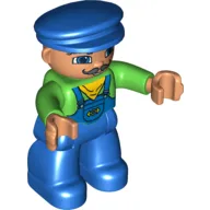 Duplo Figure with Cap Blue, with Blue Legs, Green Top with Yellow Scarf, and Curly Mustache Print (Train Engineer)