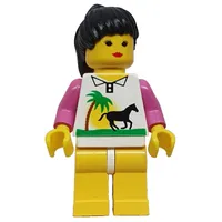 Woman, White Shirt with Palm Tree and Horse, Yellow Legs, Black Hair