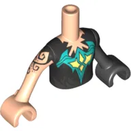 Minidoll Torso Girl with Black Top, Jagged Neckline Print, Black Left Arm with Hand, Light Nougat Right Arm with Hand and Black Tattoo Print