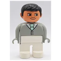 Duplo Figure, Early, with Short Parted Hair Black, White Legs, Buttons, Light Green Tie Print