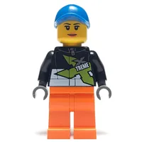 Racer, Woman, Black Jacket with Extreme Team Logo, Orange Legs, Blue Cap