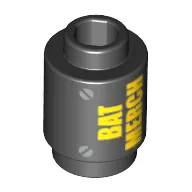 Brick Round 1 x 1 Open Stud with Yellow 'BAT MERCH' and Silver Screws Print