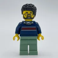 Man, Dark Blue Sweater, Sand Green Legs, Beard and Glasses