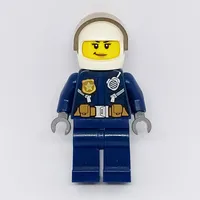 Policewoman, Dark Blue Jacket with Radio, Badge, and Belt with Pouches, White Helmet with Trans-Brown Visor, Smirk (3626cpr2113 Head)